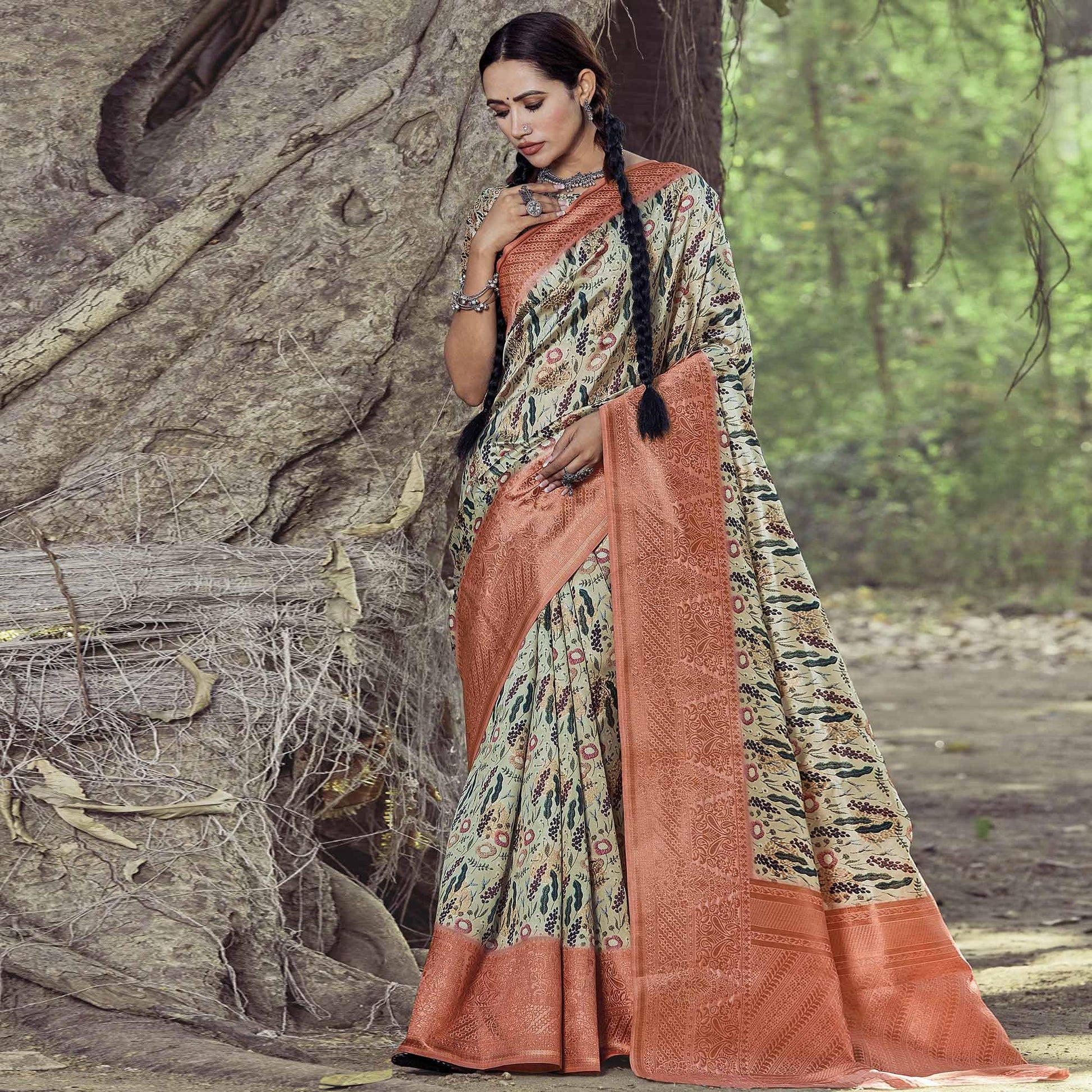 Captivating Beige Colored Festive Wear Digital Printed Silk Saree