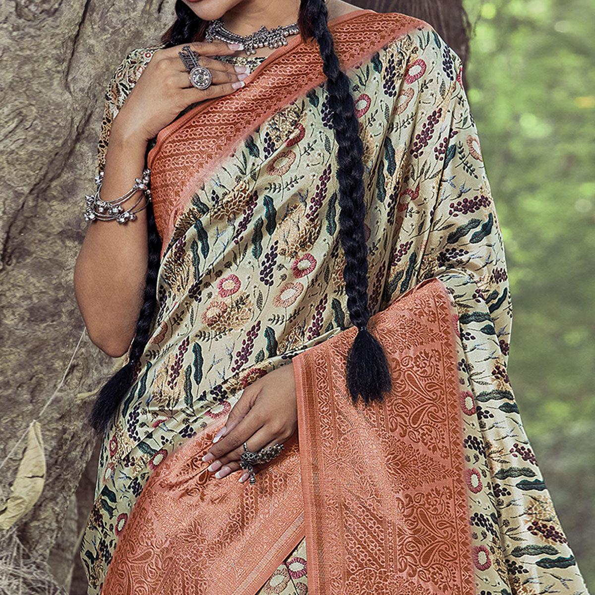 Captivating Beige Colored Festive Wear Digital Printed Silk Saree