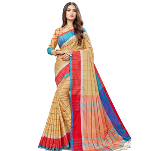 Captivating Beige Colored Festive Wear Stripe Printed Cotton Silk Saree With Tassels