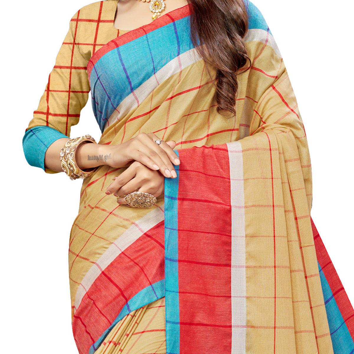 Captivating Beige Colored Festive Wear Stripe Printed Cotton Silk Saree With Tassels