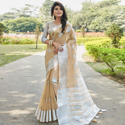 Captivating Beige Colored Festive Wear Woven Linen Cotton Saree