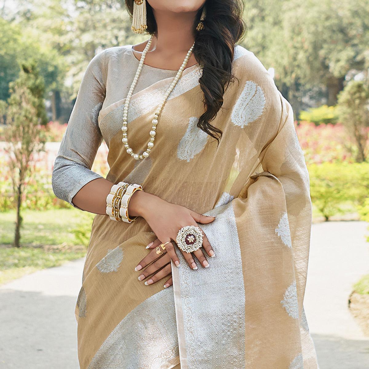 Captivating Beige Colored Festive Wear Woven Linen Cotton Saree