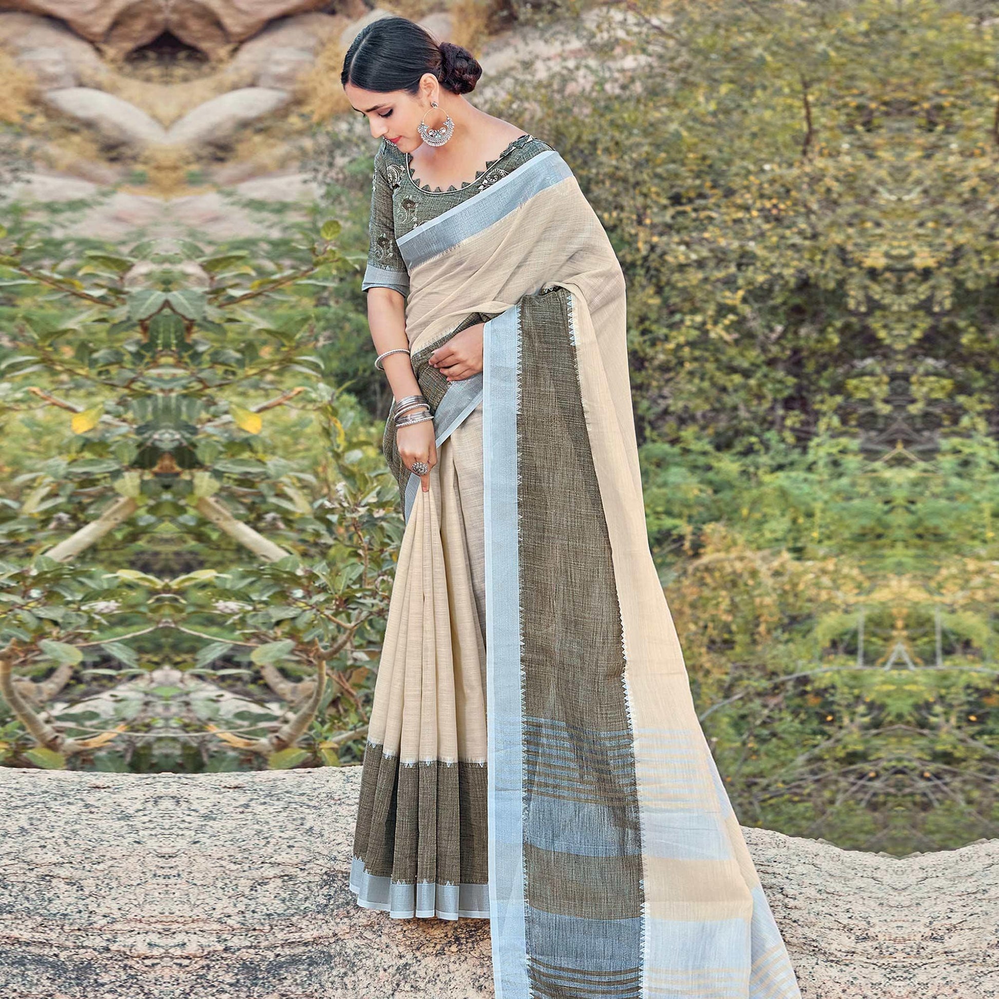 Captivating Beige Colored Festive Wear Woven Linen Saree