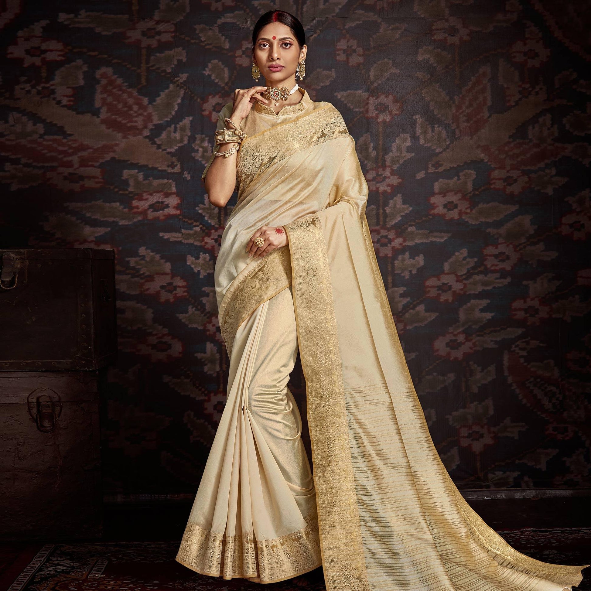 Captivating Beige Colored Festive Wear Woven Silk Saree