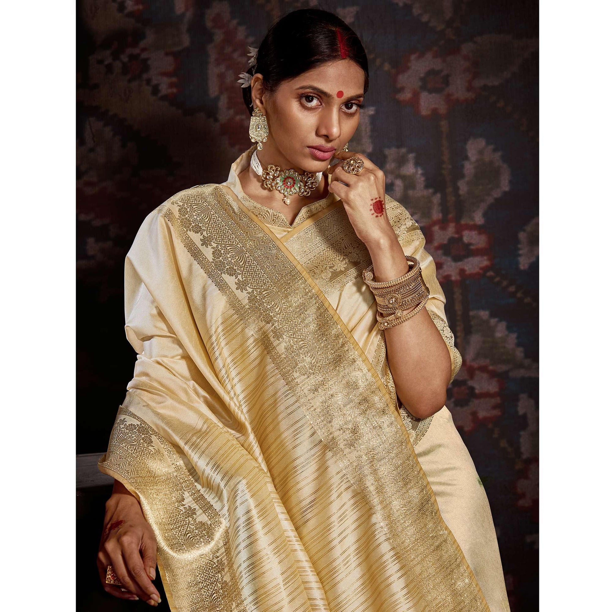Captivating Beige Colored Festive Wear Woven Silk Saree