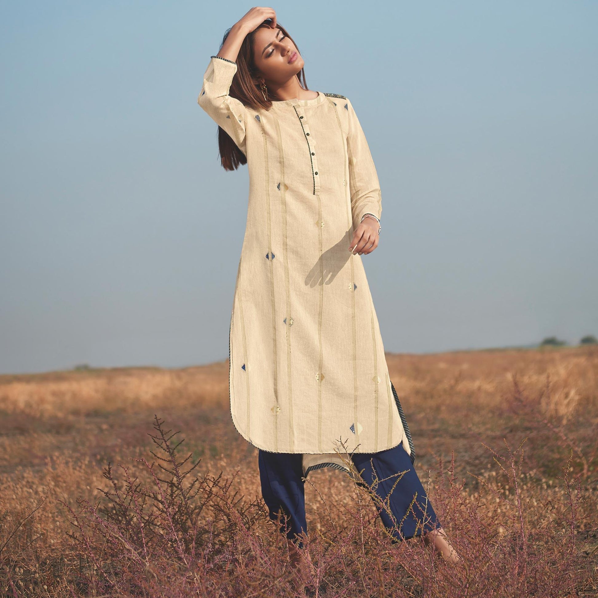 Captivating Beige Colored Party Wear Handwork Handloom Cotton Kurti-Pant Set