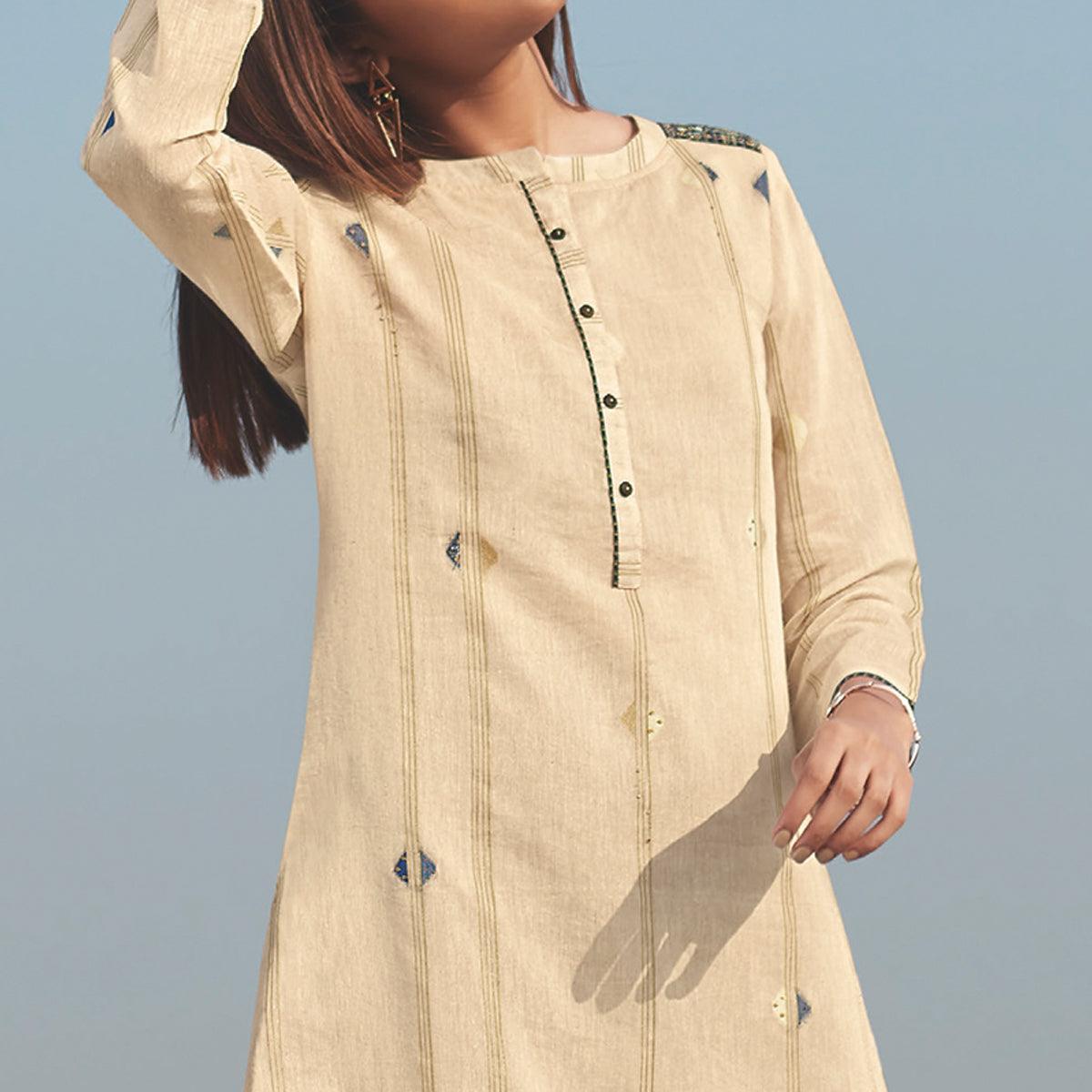Captivating Beige Colored Party Wear Handwork Handloom Cotton Kurti-Pant Set