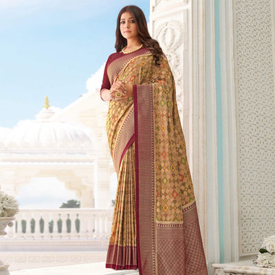 Captivating Beige - Maroon Colored Festive Wear Woven Pure Handloom Silk Saree