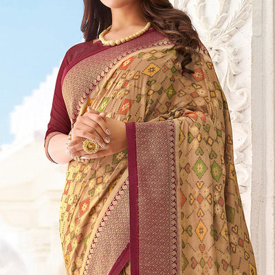 Captivating Beige - Maroon Colored Festive Wear Woven Pure Handloom Silk Saree