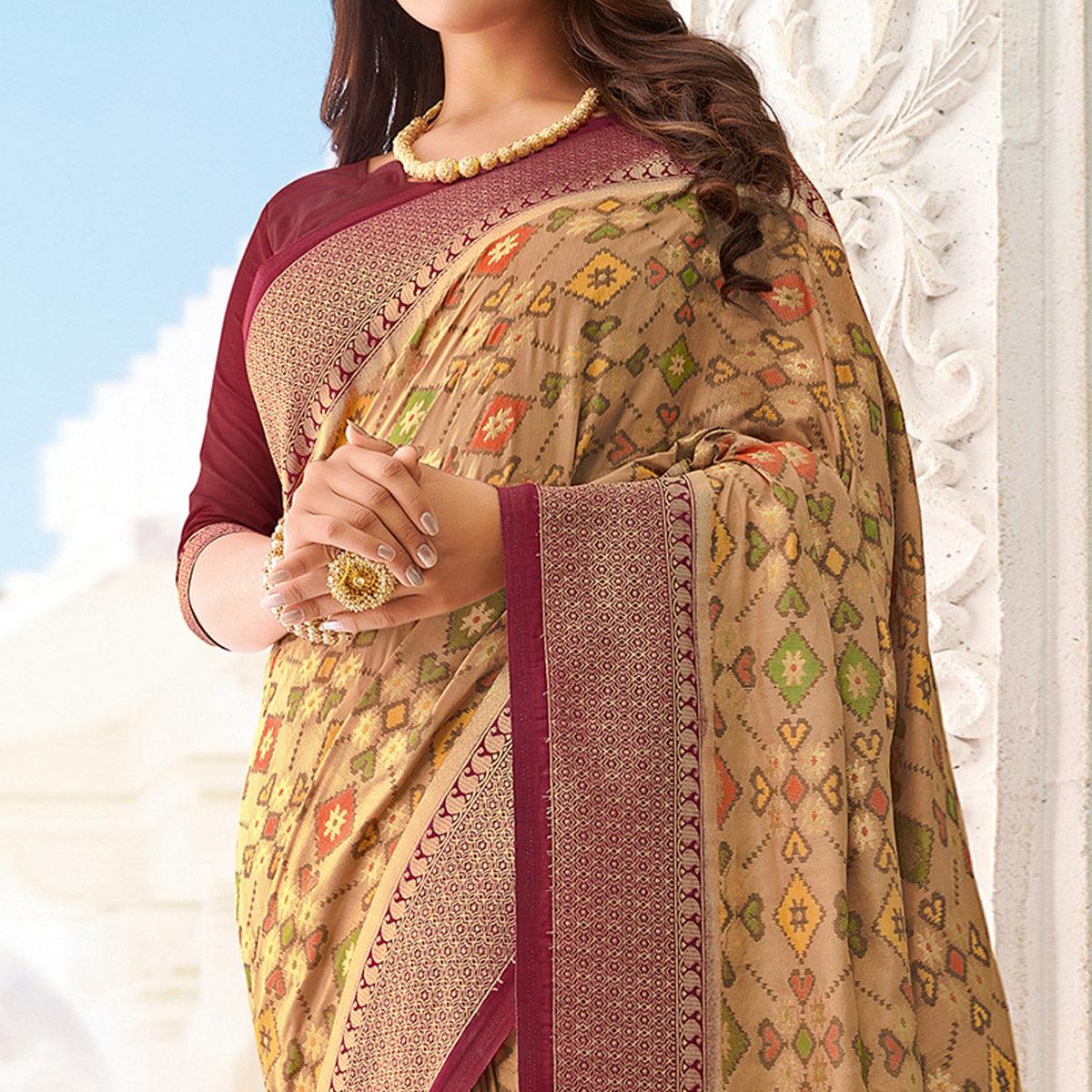 Captivating Beige - Maroon Colored Festive Wear Woven Pure Handloom Silk Saree