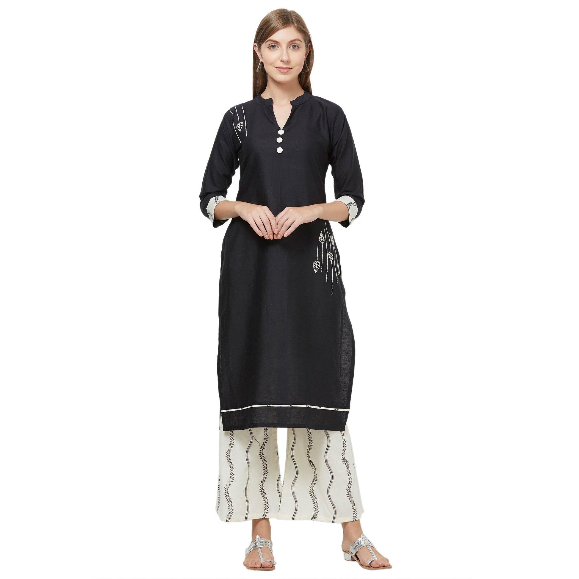 Captivating Black Colored Casual Embroidered Cotton Kurti-Palazzo Set