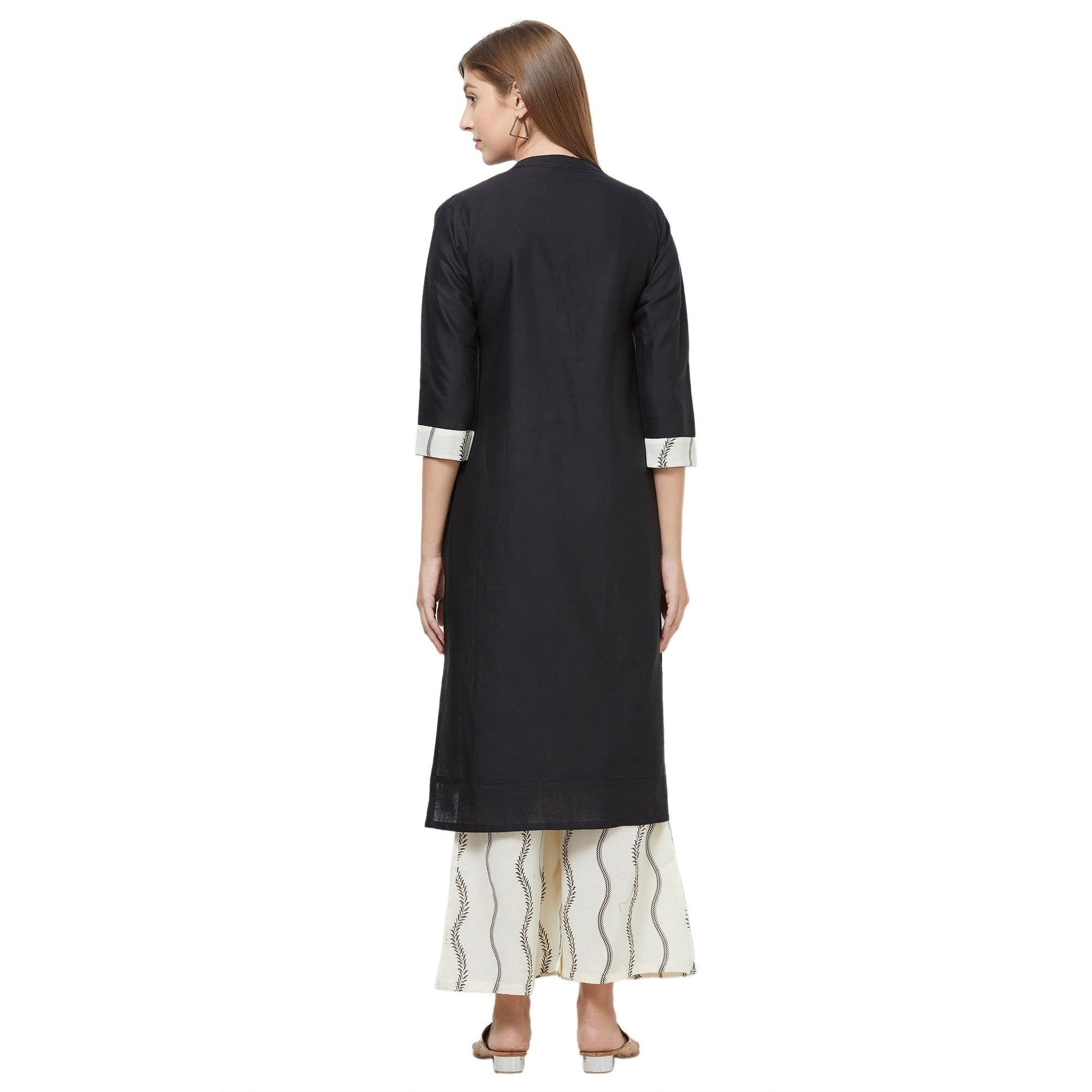 Captivating Black Colored Casual Embroidered Cotton Kurti-Palazzo Set