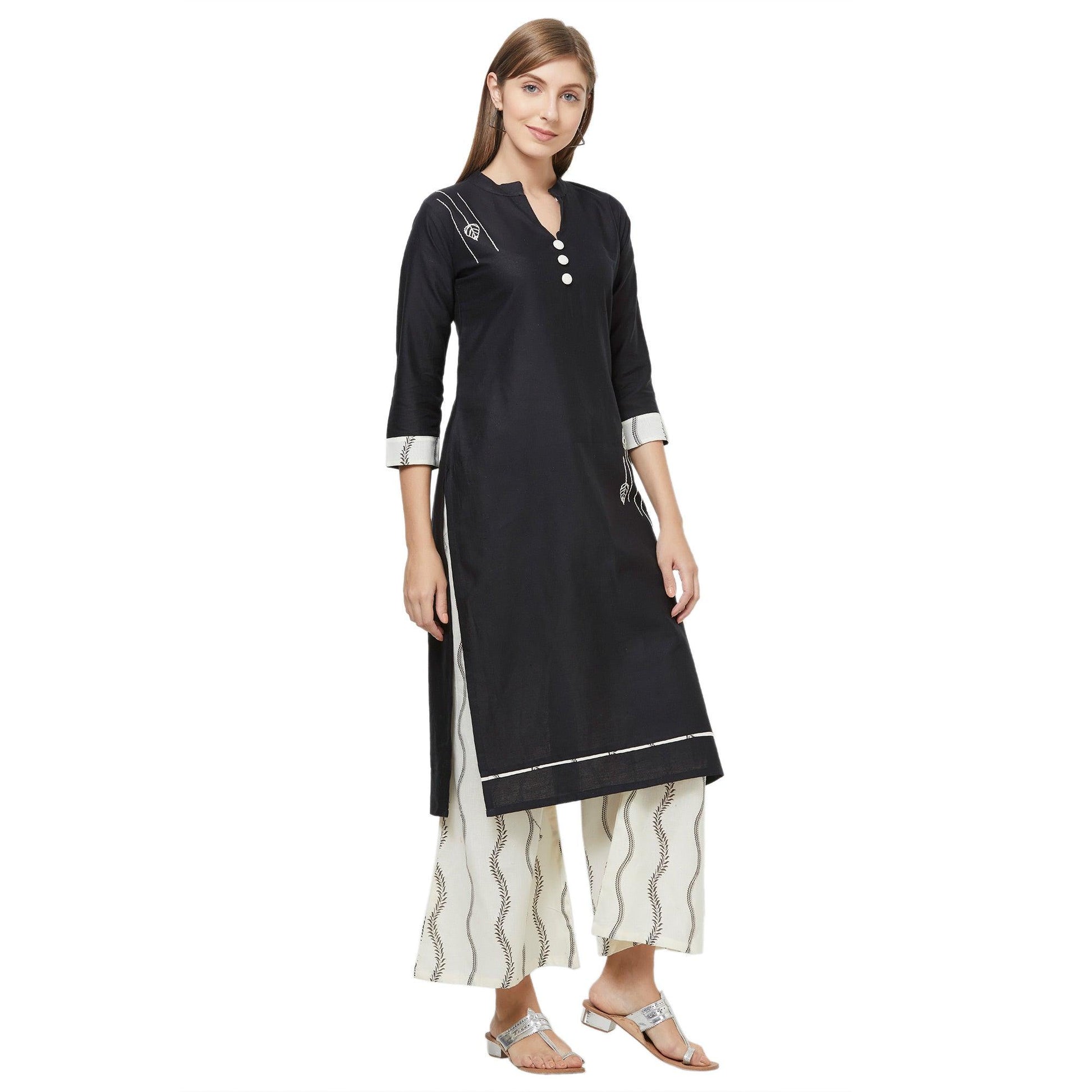 Captivating Black Colored Casual Embroidered Cotton Kurti-Palazzo Set