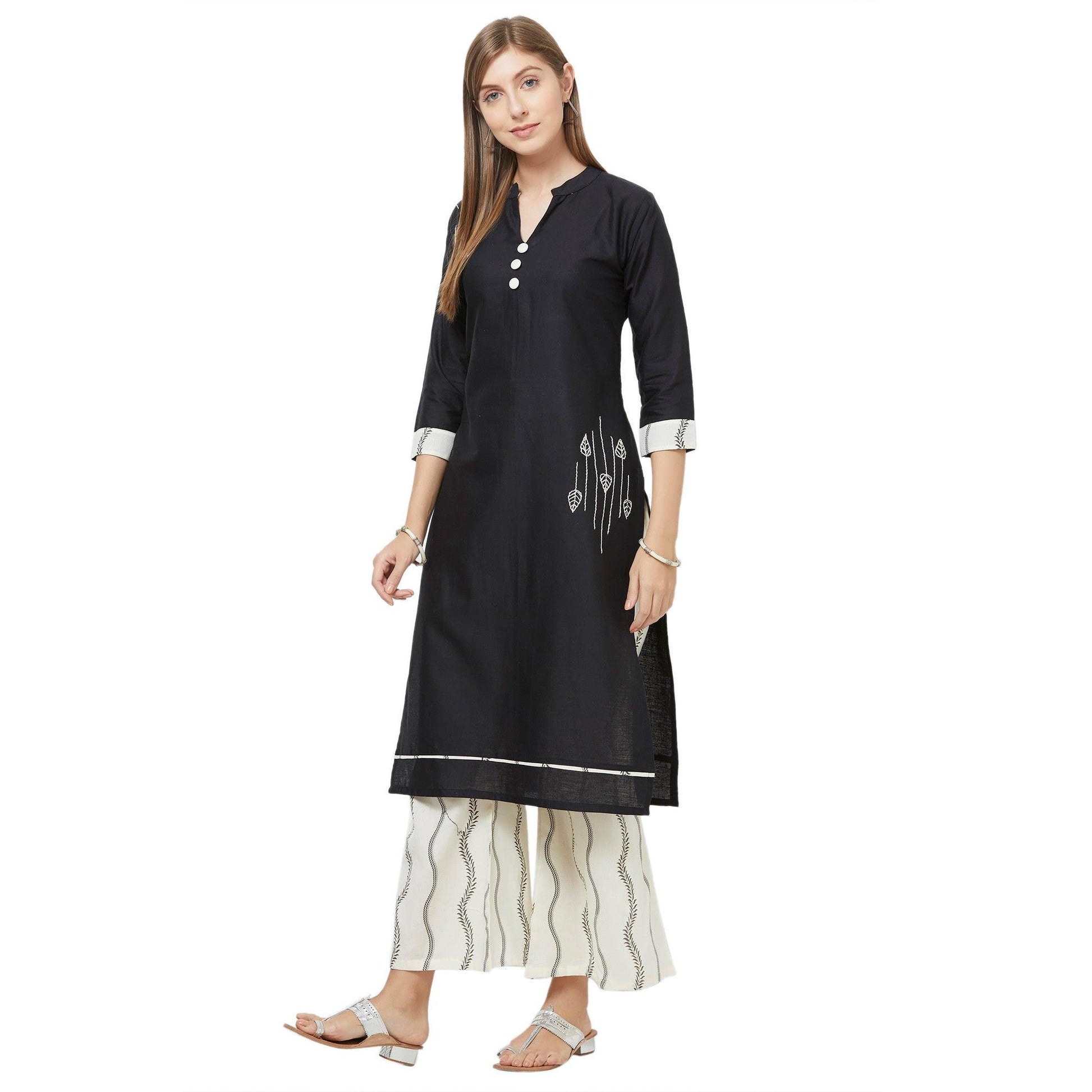 Captivating Black Colored Casual Embroidered Cotton Kurti-Palazzo Set