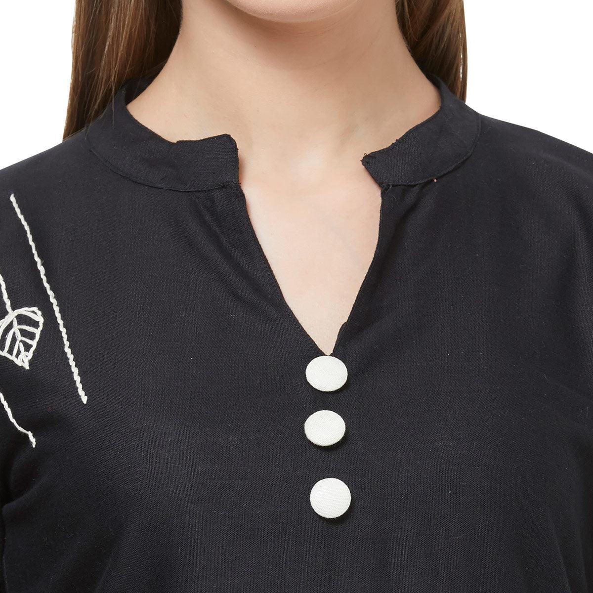 Captivating Black Colored Casual Embroidered Cotton Kurti-Palazzo Set