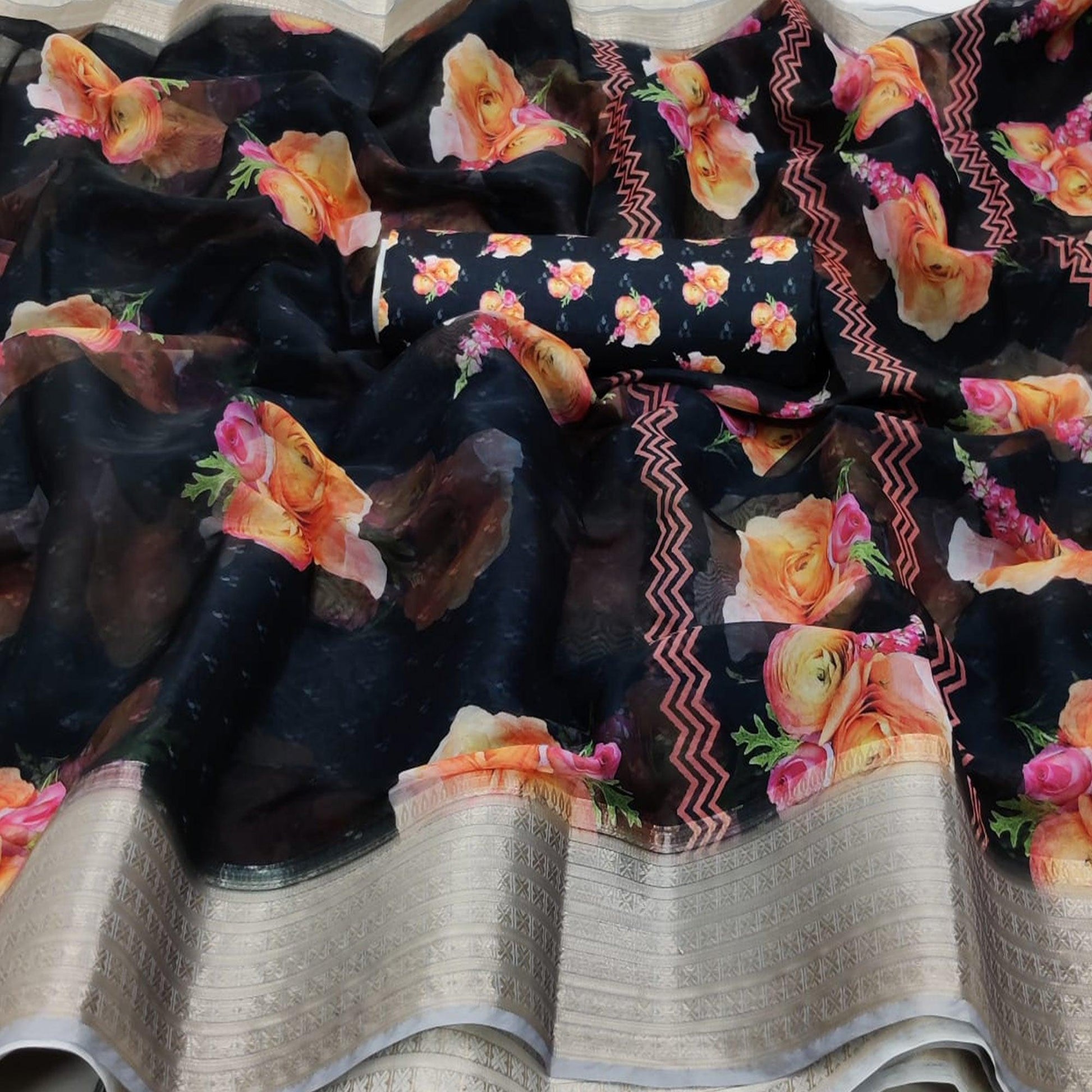Captivating Black Colored Partywear Digital Printed Georgette Saree