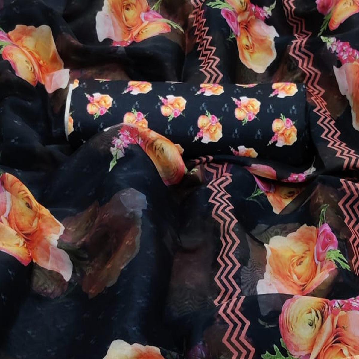 Captivating Black Colored Partywear Digital Printed Georgette Saree