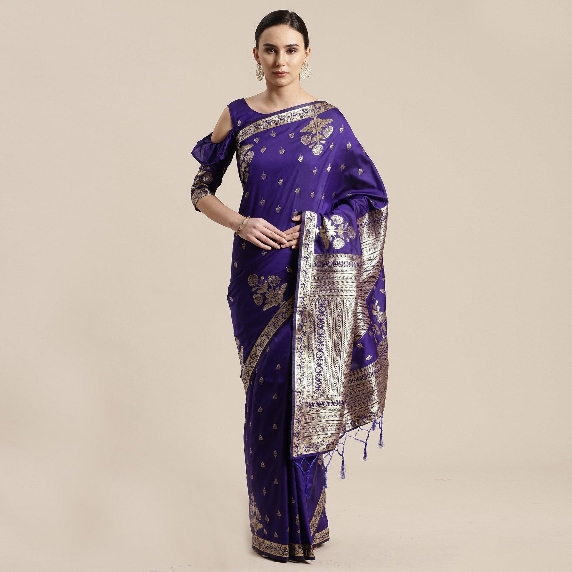 Captivating Blue Colored Festive Wear Silk Blend Woven Floral Saree With Tassels