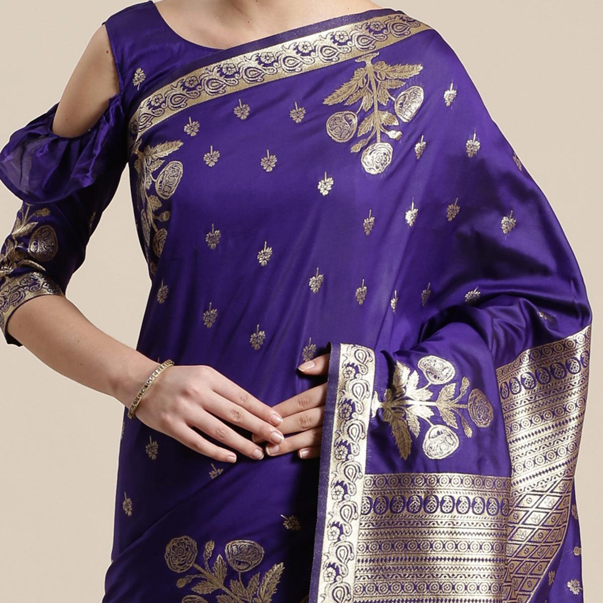 Captivating Blue Colored Festive Wear Silk Blend Woven Floral Saree With Tassels