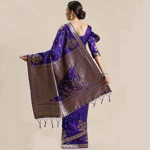 Captivating Blue Colored Festive Wear Silk Blend Woven Floral Saree With Tassels