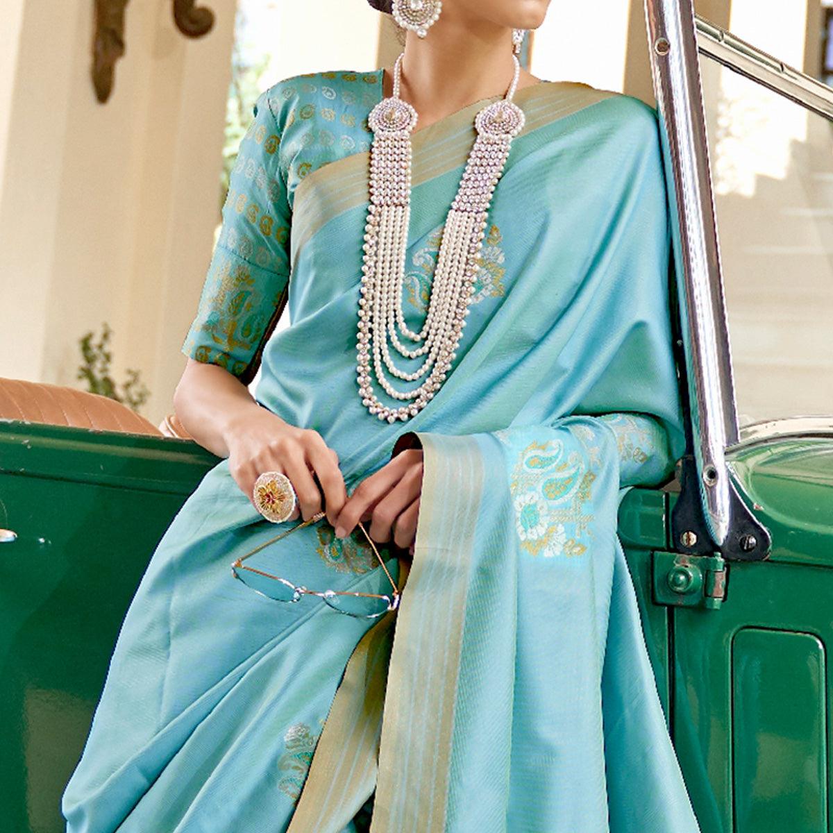 Captivating Blue Colored Zari Work Festive Wear Banarasi Silk Saree
