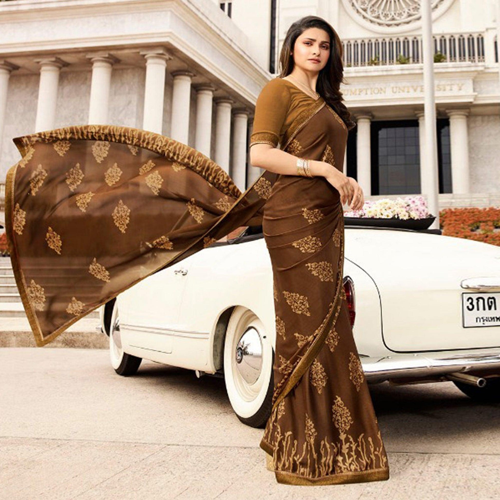 Captivating Brown Colored Casual Printed Silk Saree