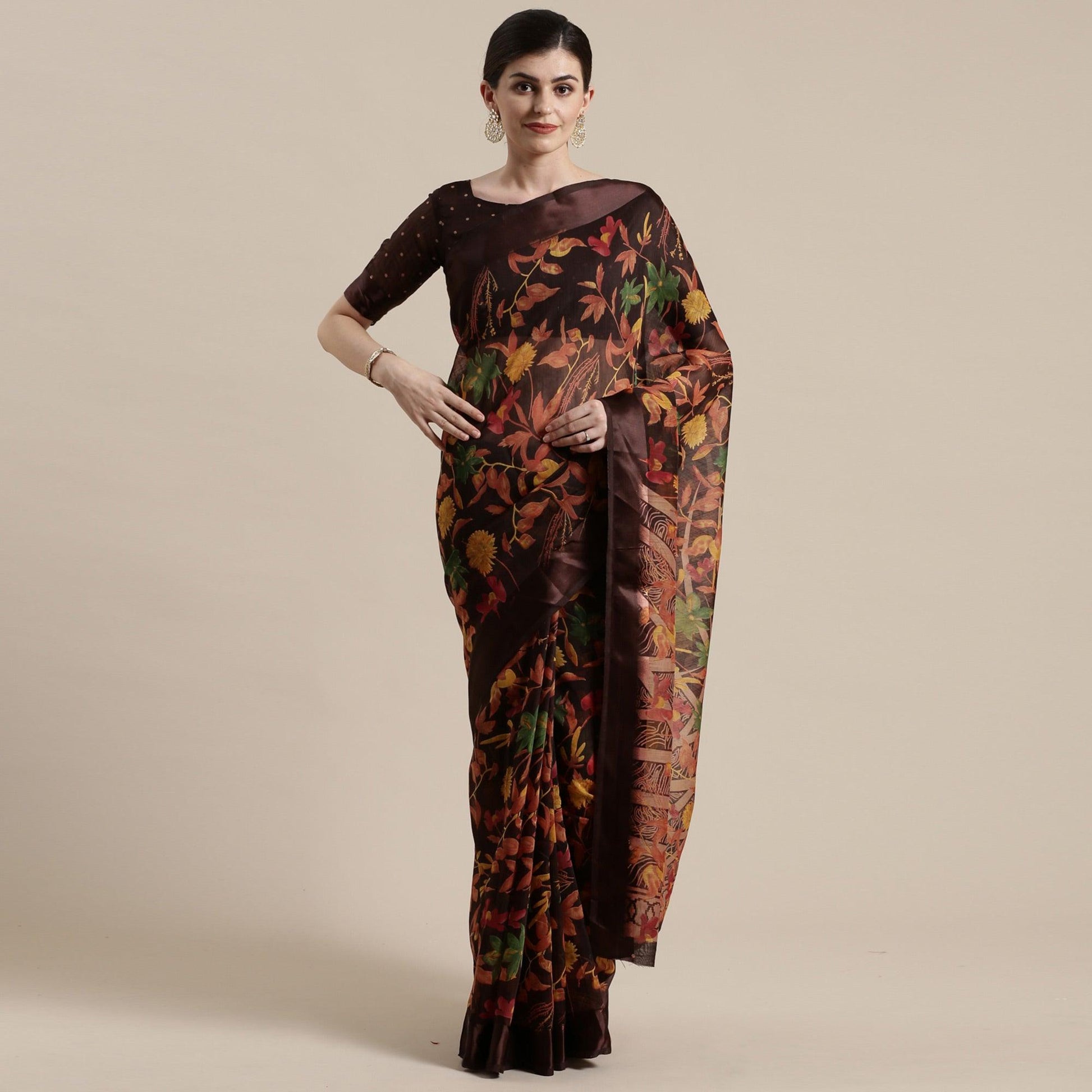 Captivating Brown Colored Casual Wear Floral Printed Cotton Silk Saree