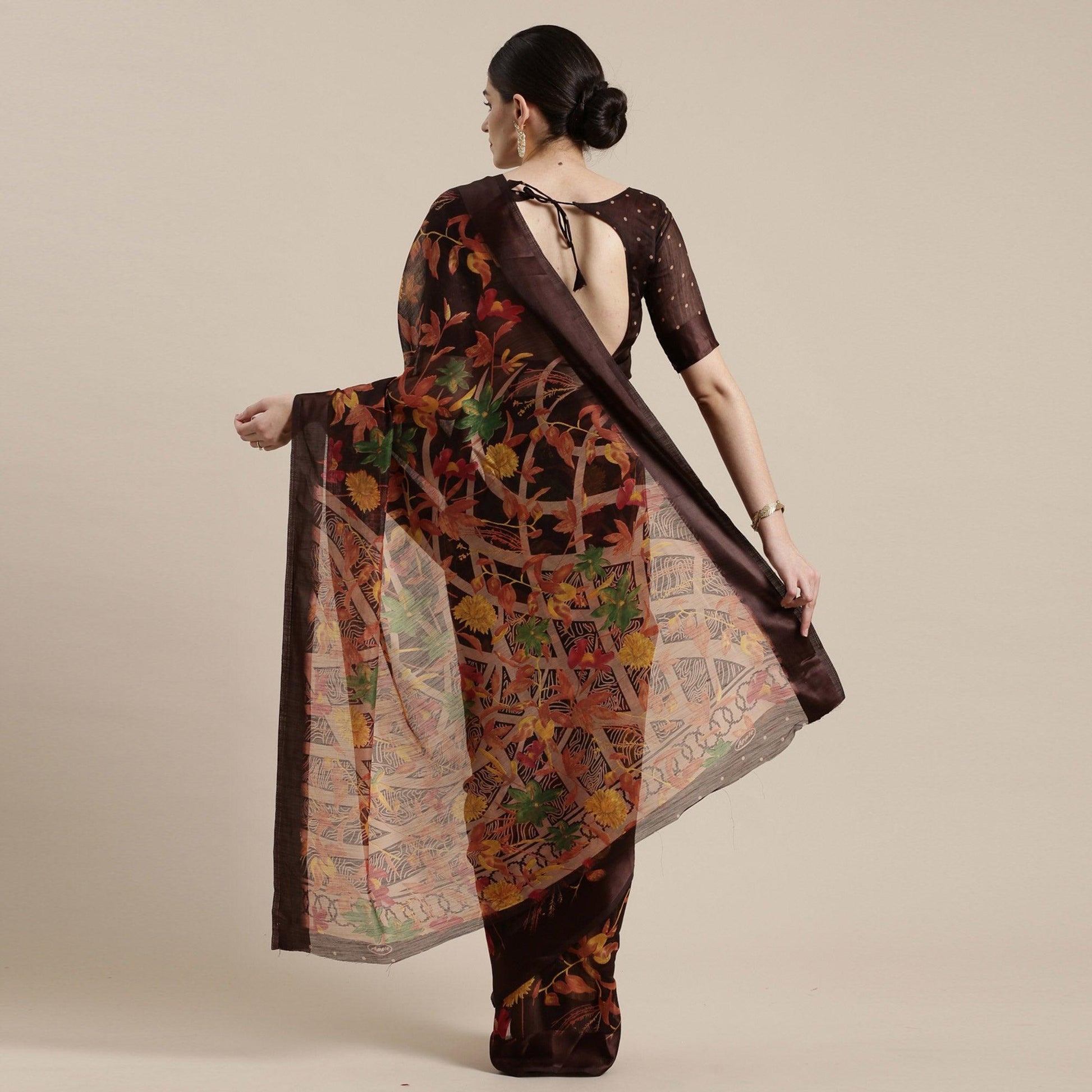 Captivating Brown Colored Casual Wear Floral Printed Cotton Silk Saree