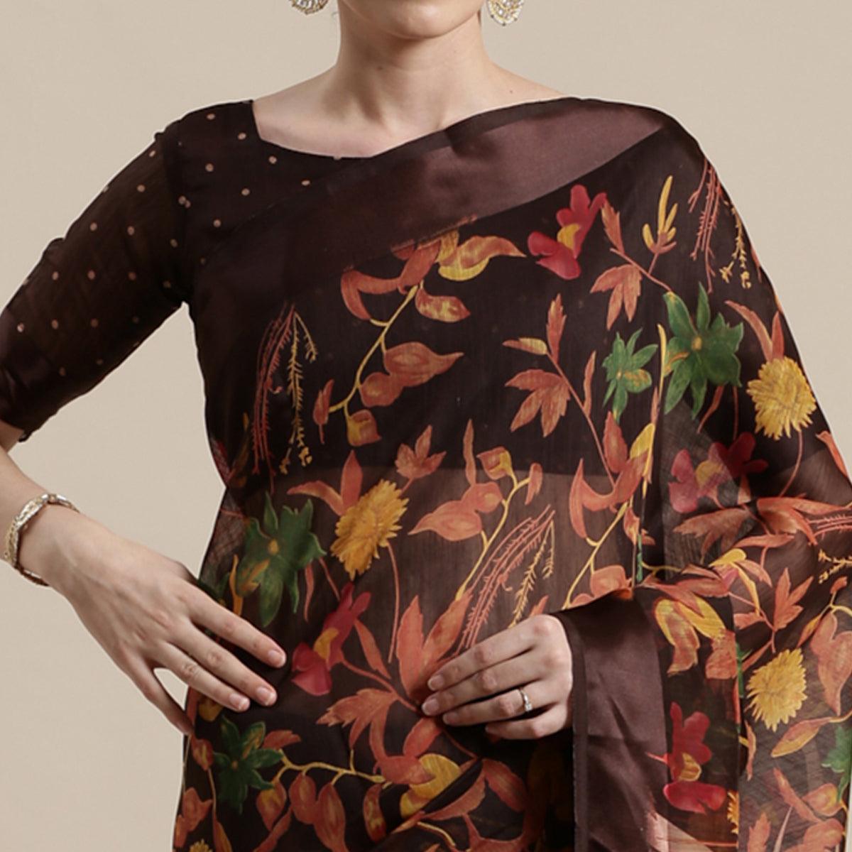 Captivating Brown Colored Casual Wear Floral Printed Cotton Silk Saree