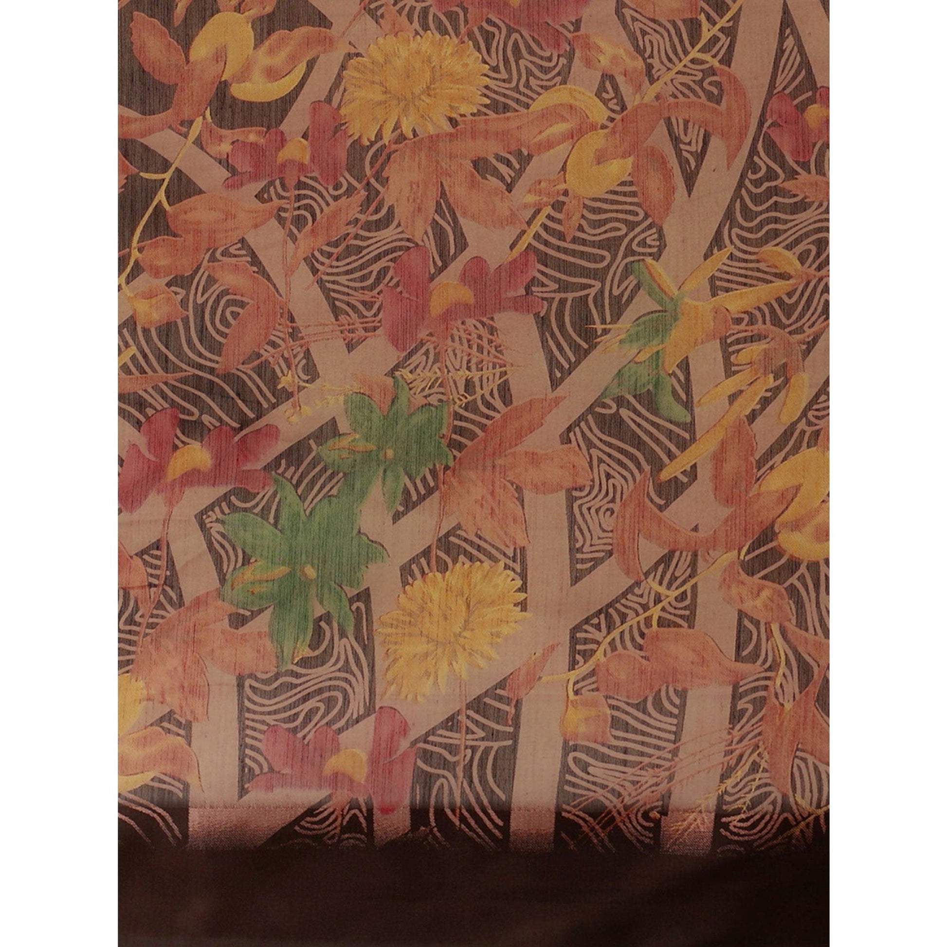 Captivating Brown Colored Casual Wear Floral Printed Cotton Silk Saree