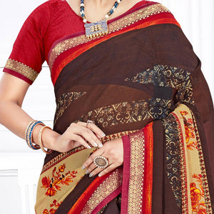 Captivating Brown Colored Casual Wear Printed Georgette Saree