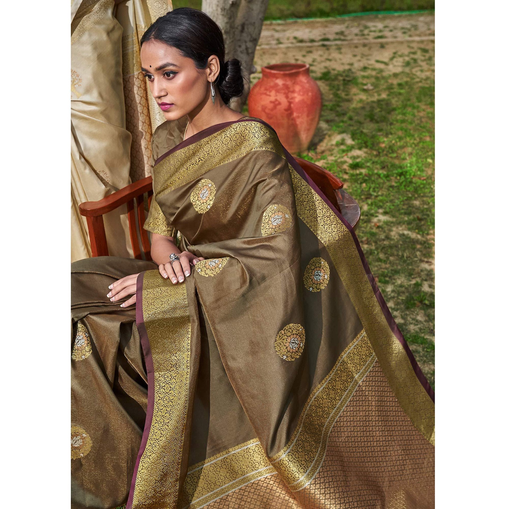 Captivating Brown Colored Festive Wear Woven Soft Silk Saree