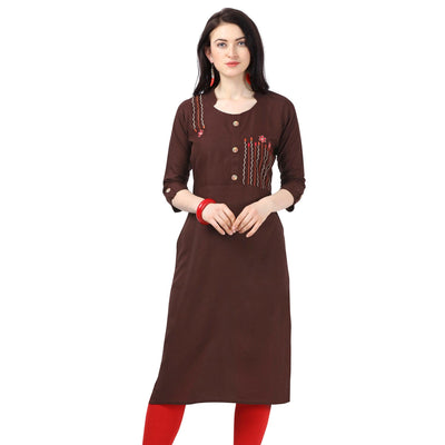 Captivating Brown Colored Partywear Embroidered Rayon Kurti