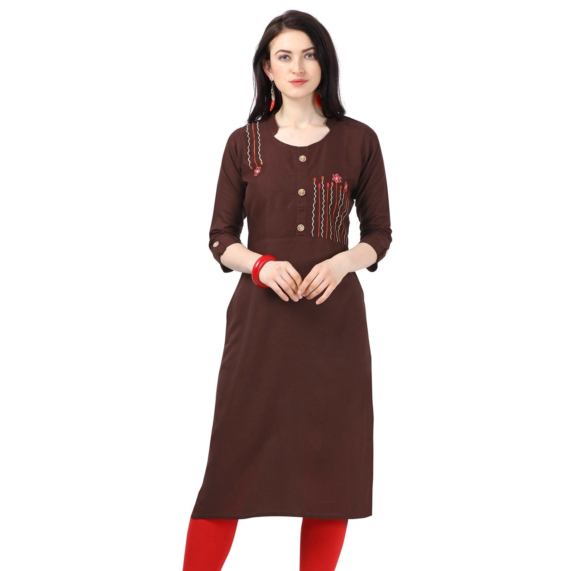 Captivating Brown Colored Partywear Embroidered Rayon Kurti