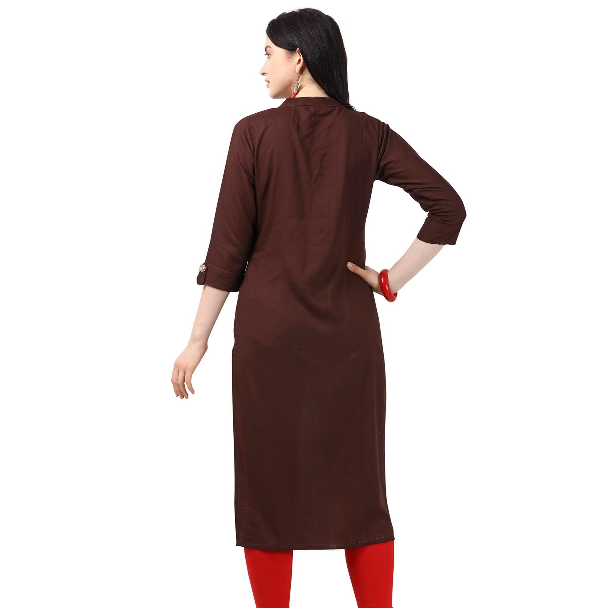 Captivating Brown Colored Partywear Embroidered Rayon Kurti