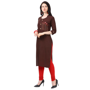 Captivating Brown Colored Partywear Embroidered Rayon Kurti