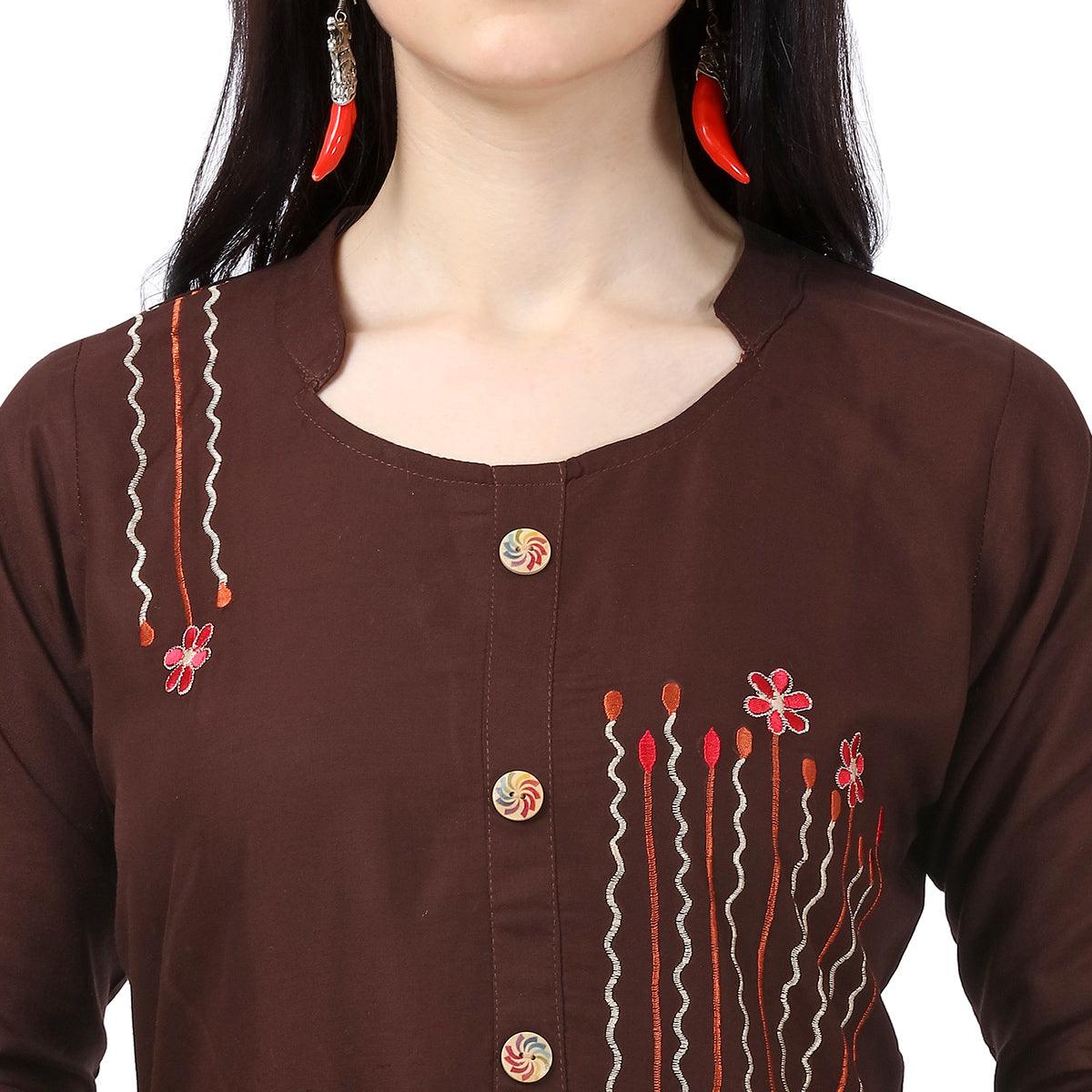 Captivating Brown Colored Partywear Embroidered Rayon Kurti