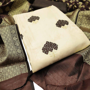 Captivating Cream Colored Casual Wear Embroidered Cotton Dress Material With Banarasi Silk Dupatta