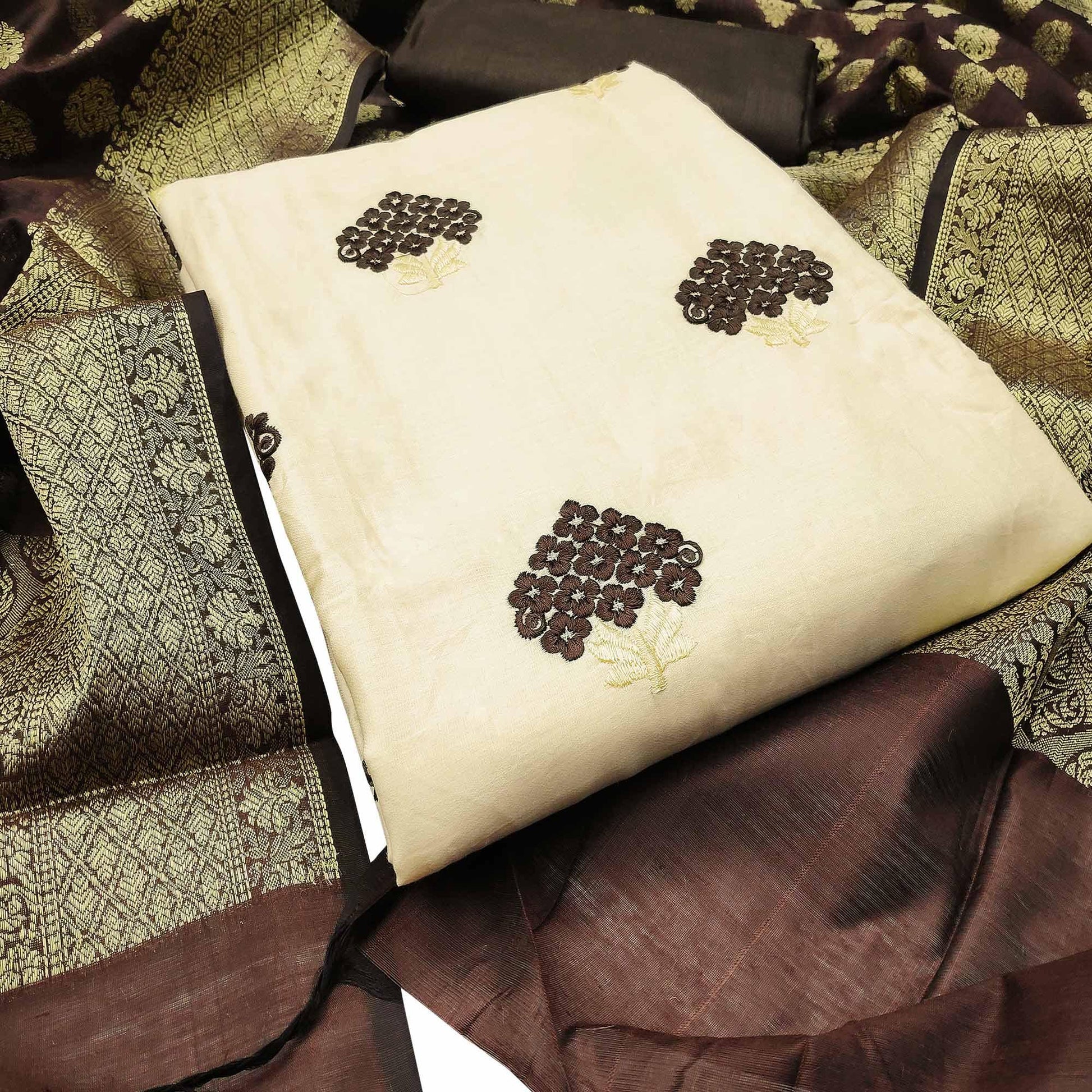 Captivating Cream Colored Casual Wear Embroidered Cotton Dress Material With Banarasi Silk Dupatta