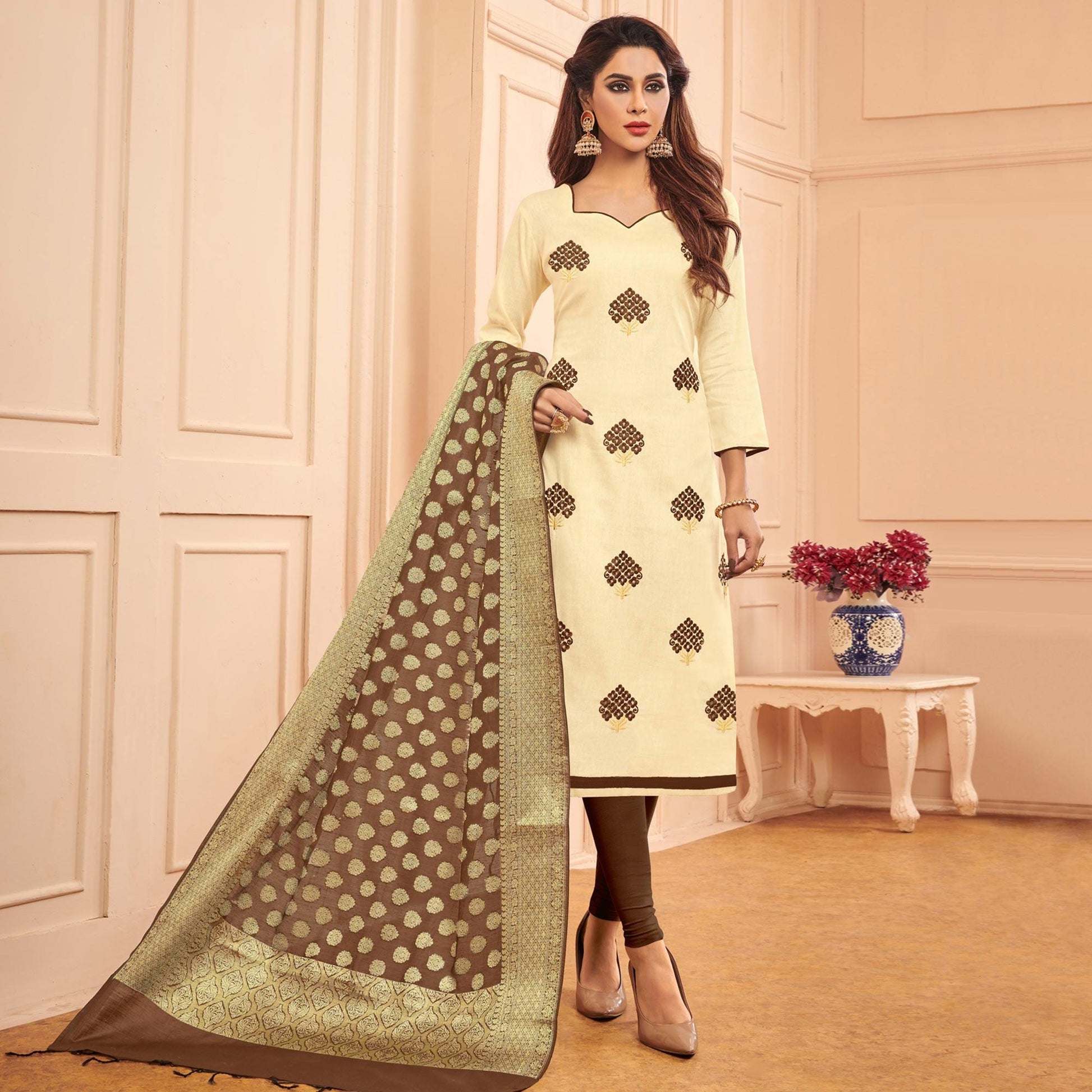 Captivating Cream Colored Casual Wear Embroidered Cotton Dress Material With Banarasi Silk Dupatta