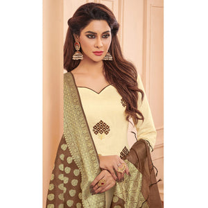 Captivating Cream Colored Casual Wear Embroidered Cotton Dress Material With Banarasi Silk Dupatta