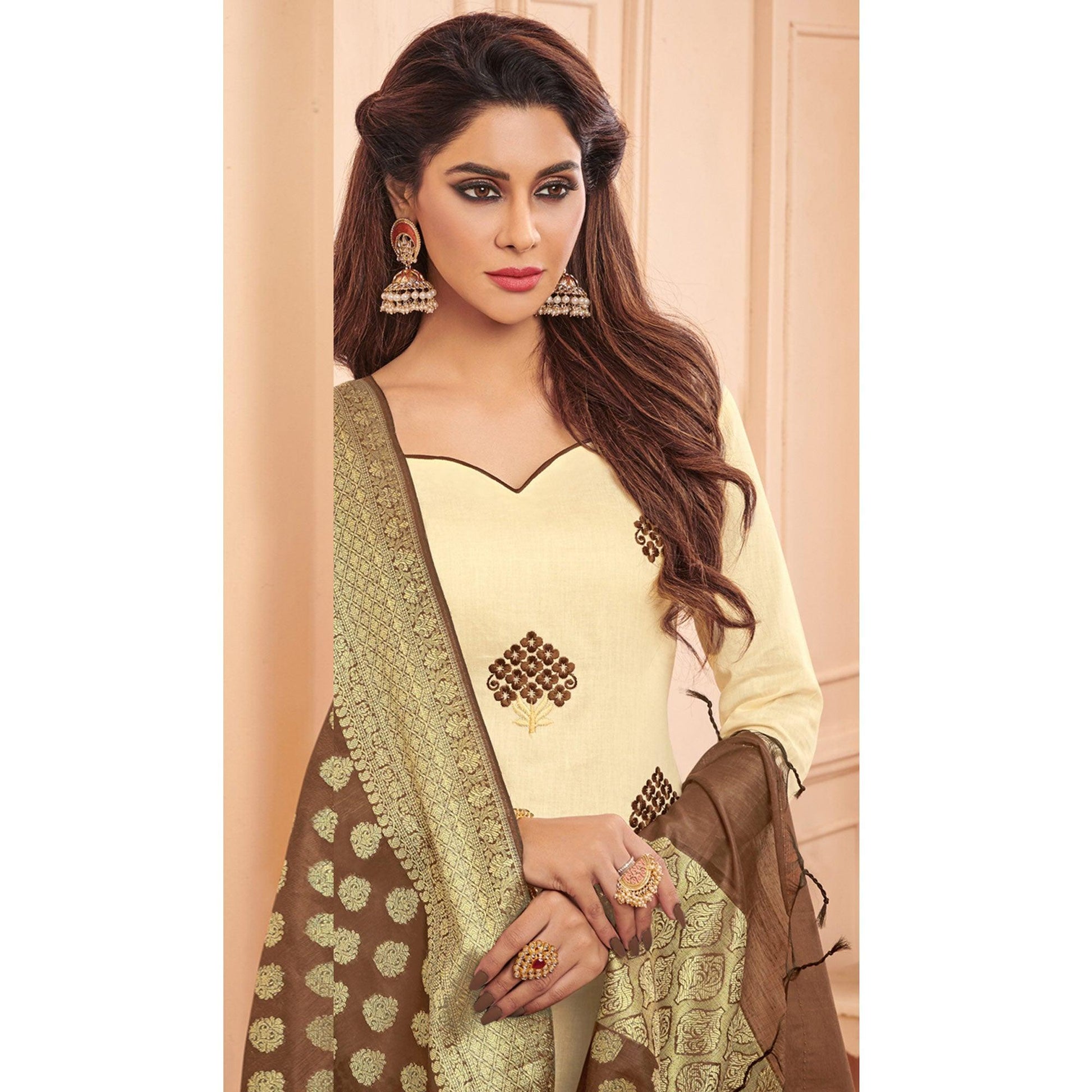 Captivating Cream Colored Casual Wear Embroidered Cotton Dress Material With Banarasi Silk Dupatta