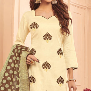 Captivating Cream Colored Casual Wear Embroidered Cotton Dress Material With Banarasi Silk Dupatta