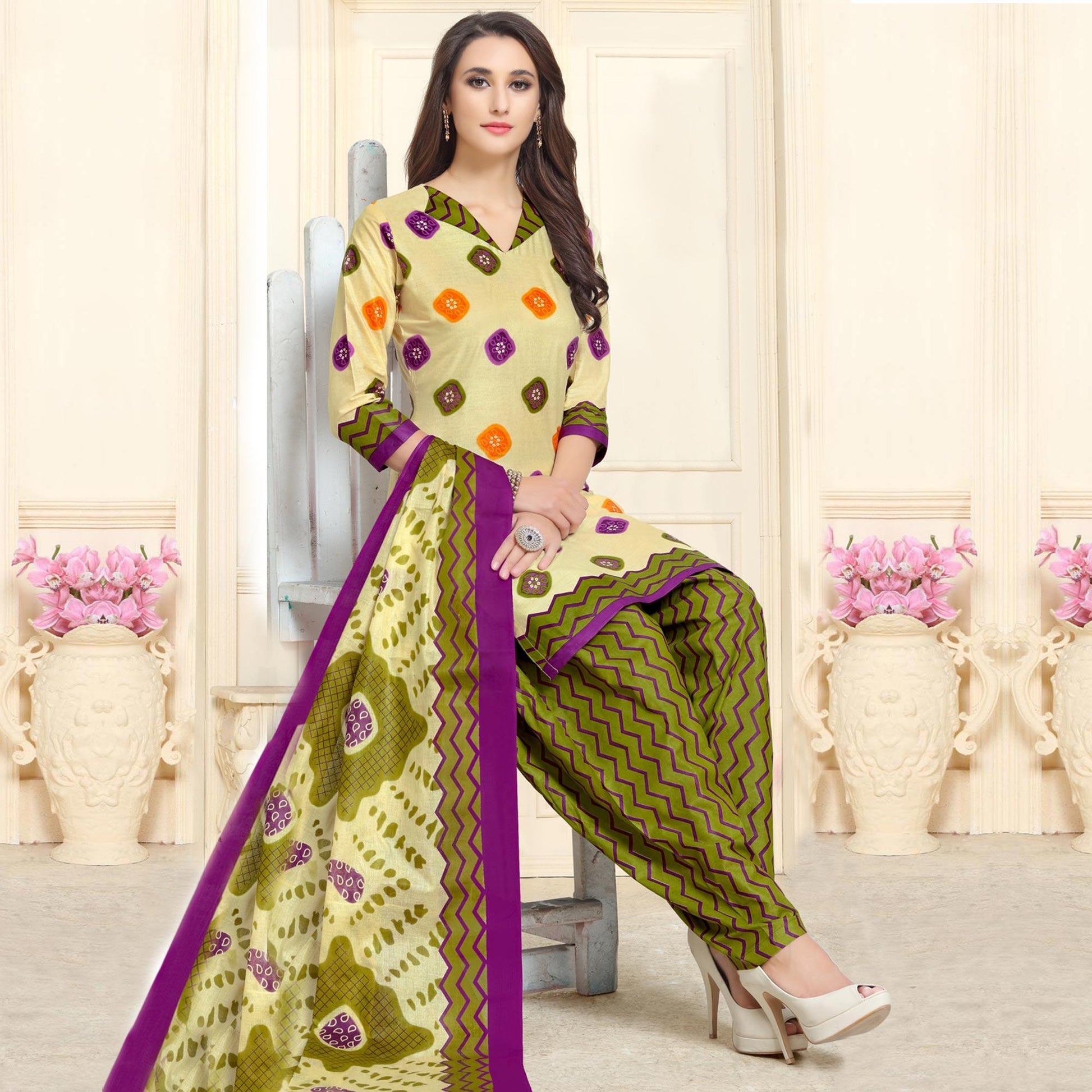 Captivating Cream-Olive Green Colored Casual Wear Printed Cotton Patiala Dress Material