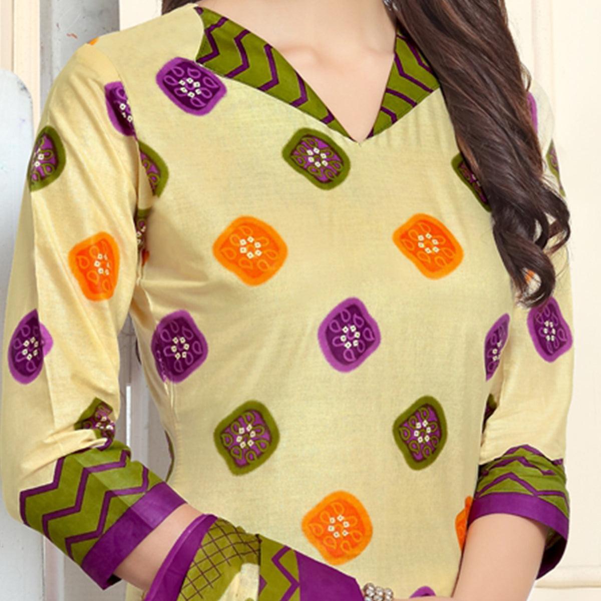 Captivating Cream-Olive Green Colored Casual Wear Printed Cotton Patiala Dress Material