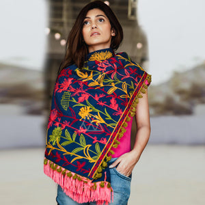 Captivating Dark Blue Colored Embroidered Khadi Muffler Stole