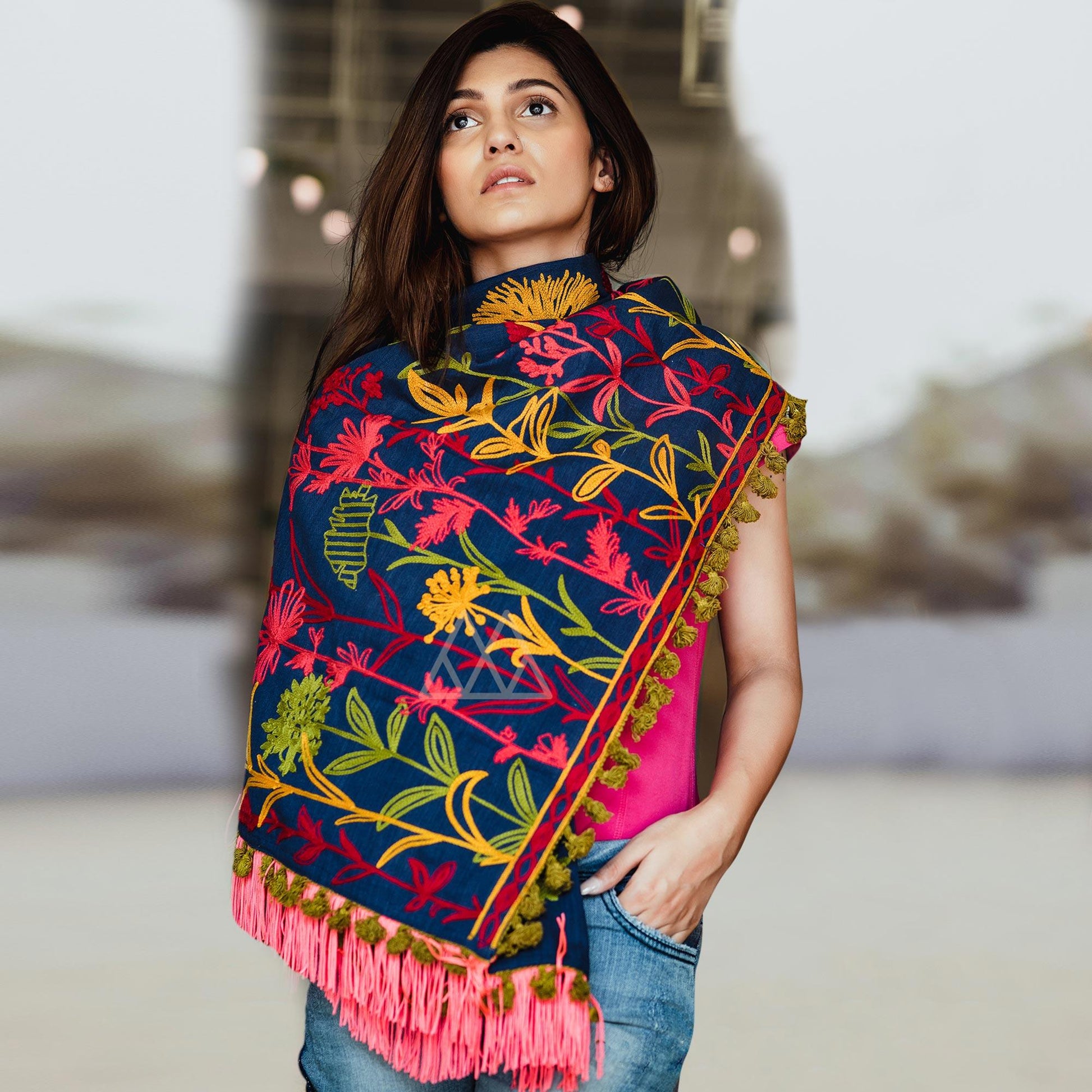Captivating Dark Blue Colored Embroidered Khadi Muffler Stole