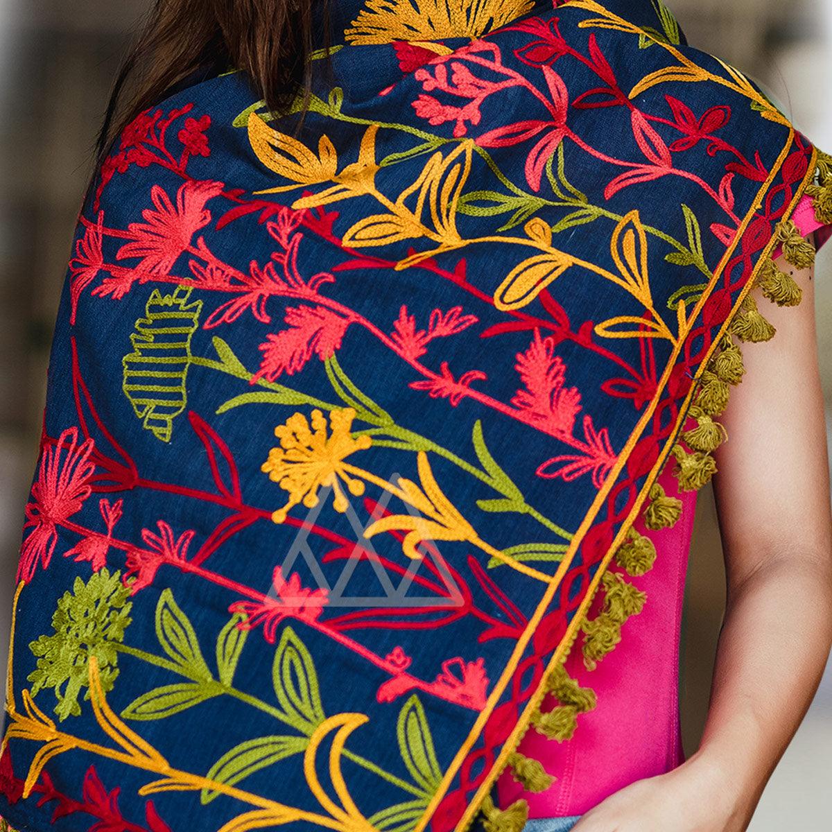 Captivating Dark Blue Colored Embroidered Khadi Muffler Stole