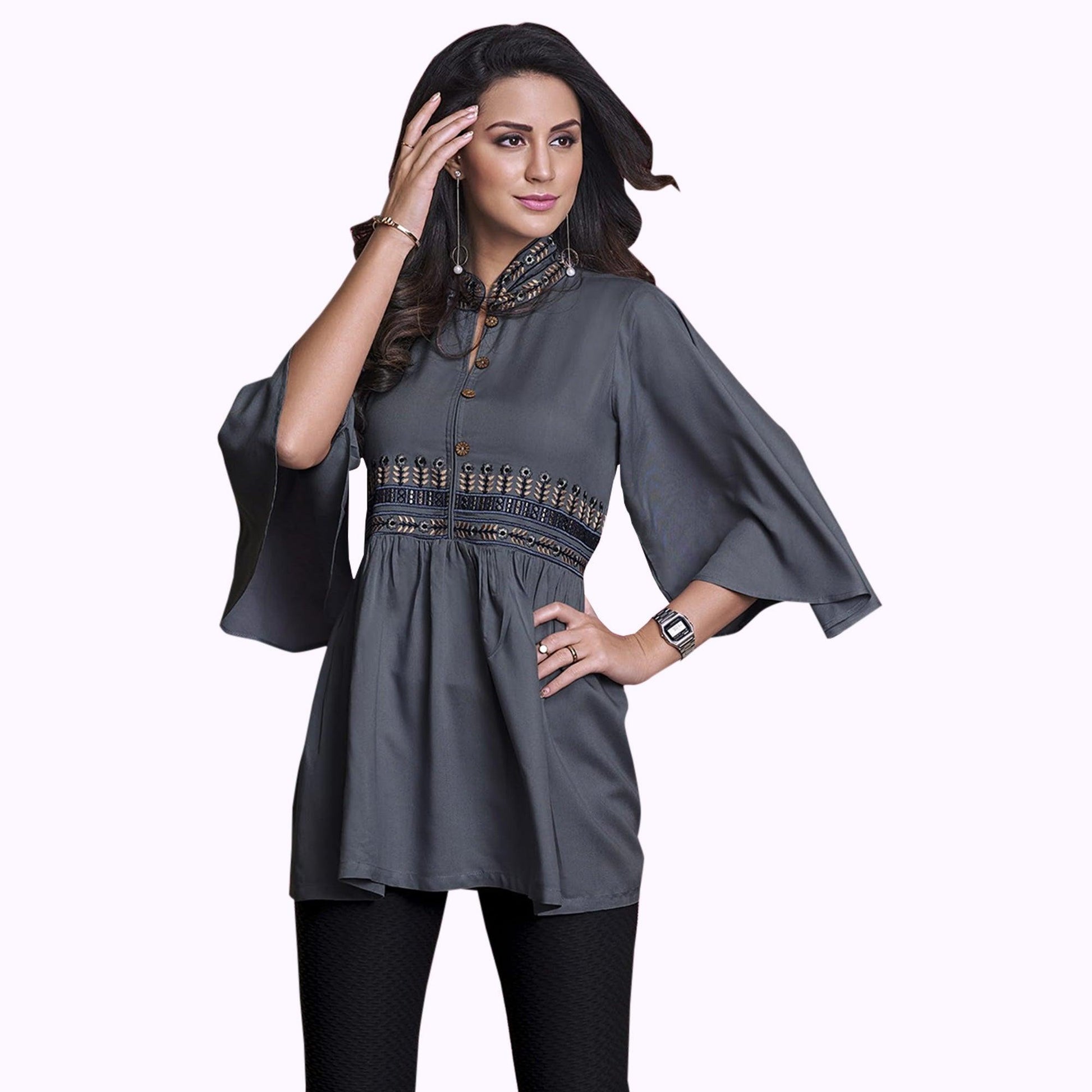 Captivating Dark Gray Colored Partywear Embroidered Rayon Western Top