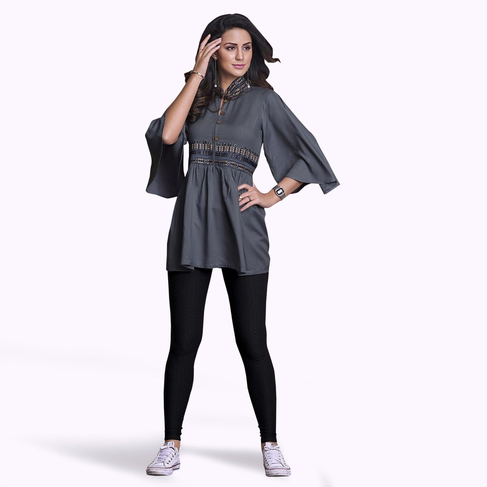 Captivating Dark Gray Colored Partywear Embroidered Rayon Western Top